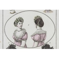 Nakrycia głowy i fryzury, wg. Horace Vernet'a,  z serii: Costumes Anglais et Francais. Francja, 1805 r.